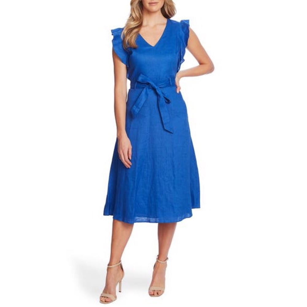 CeCe Linen Dress Flutter Sleeve Belted Blue Midi Size 14 New with Tag